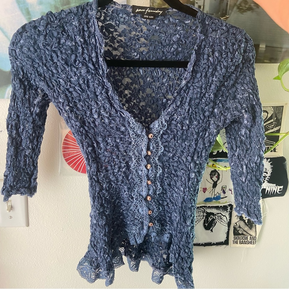 Ann Ferriday Blue Lace Button Up Top One Size